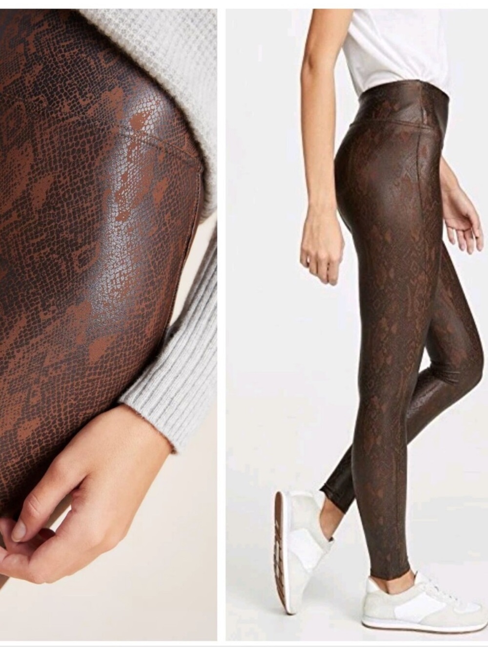 SPANX Brown Snakeskin Print Faux Leather Leggings High Waist Athletic XL